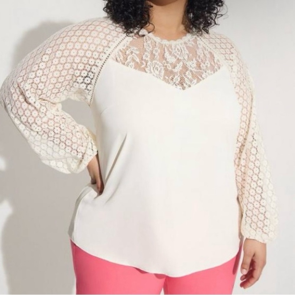 Torrid - Georgette Lace Mix Blouson Long Sleeve Top Ivory, 1X